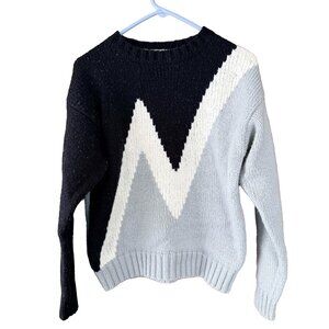 Vintage 80s Geometric Colorblock Crewneck Sweater Black Grey Cream Medium